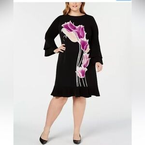 Alfani NWT Black Fresh Petal Tulip Cabaret Bell-Sleeve Ruffle Stretch Dress 12P